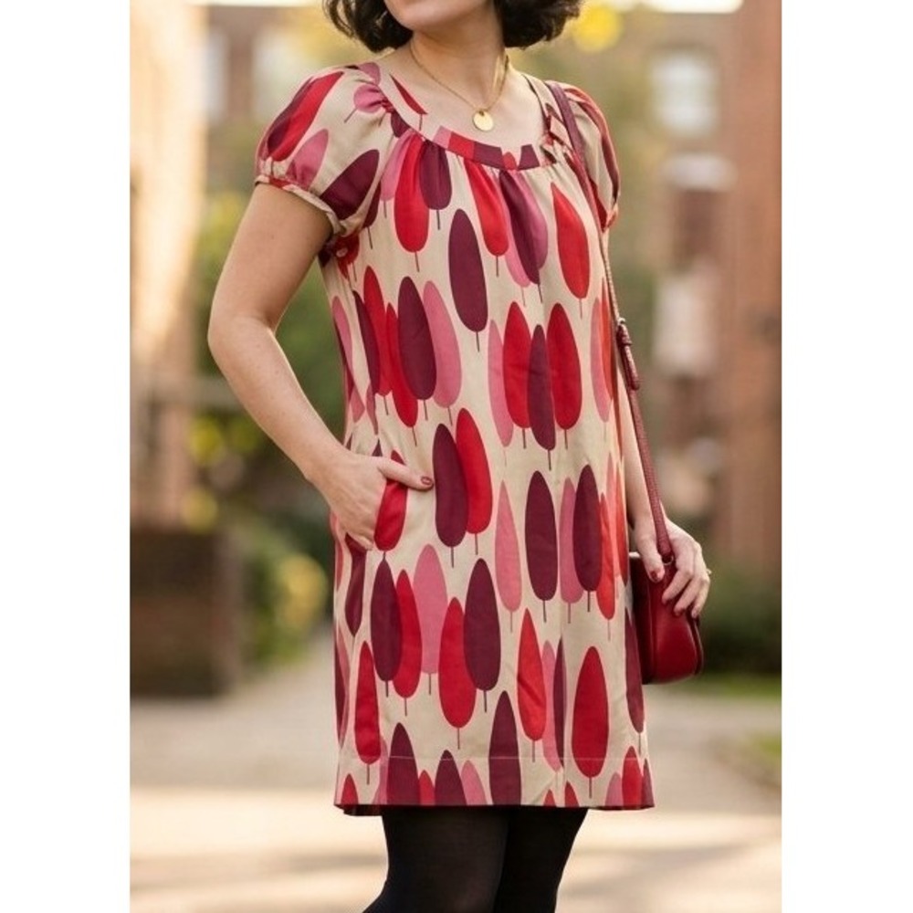Orla Kiely Anthropologie Cyprus Tree Dress Silk Wool Blend Red Pink Mod Size 4